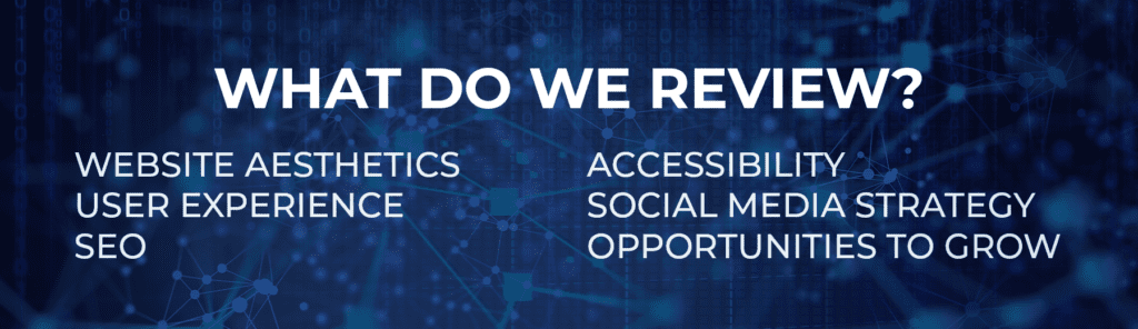 What do we review - accessibility, social media strategy, website aesthetics, user experience, opportunities for growth, seo