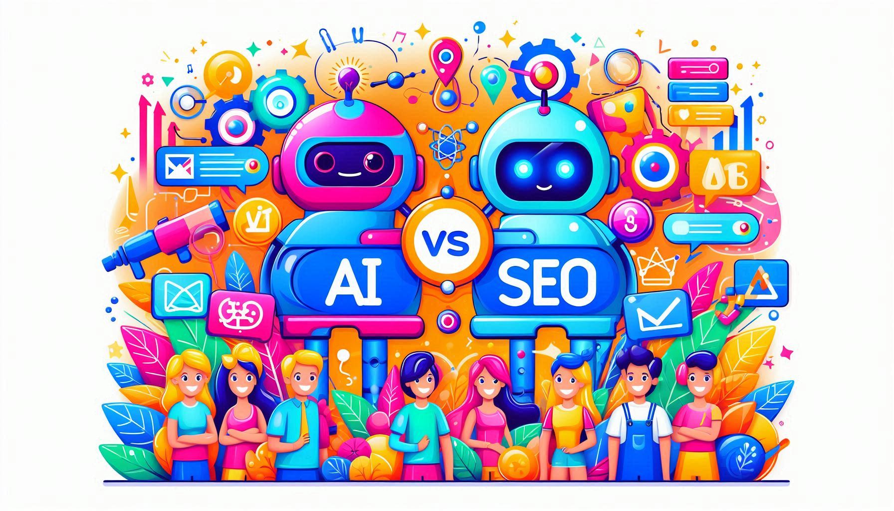 Colourful abstract people and charts with robot avatars saying “AI vs SEO”