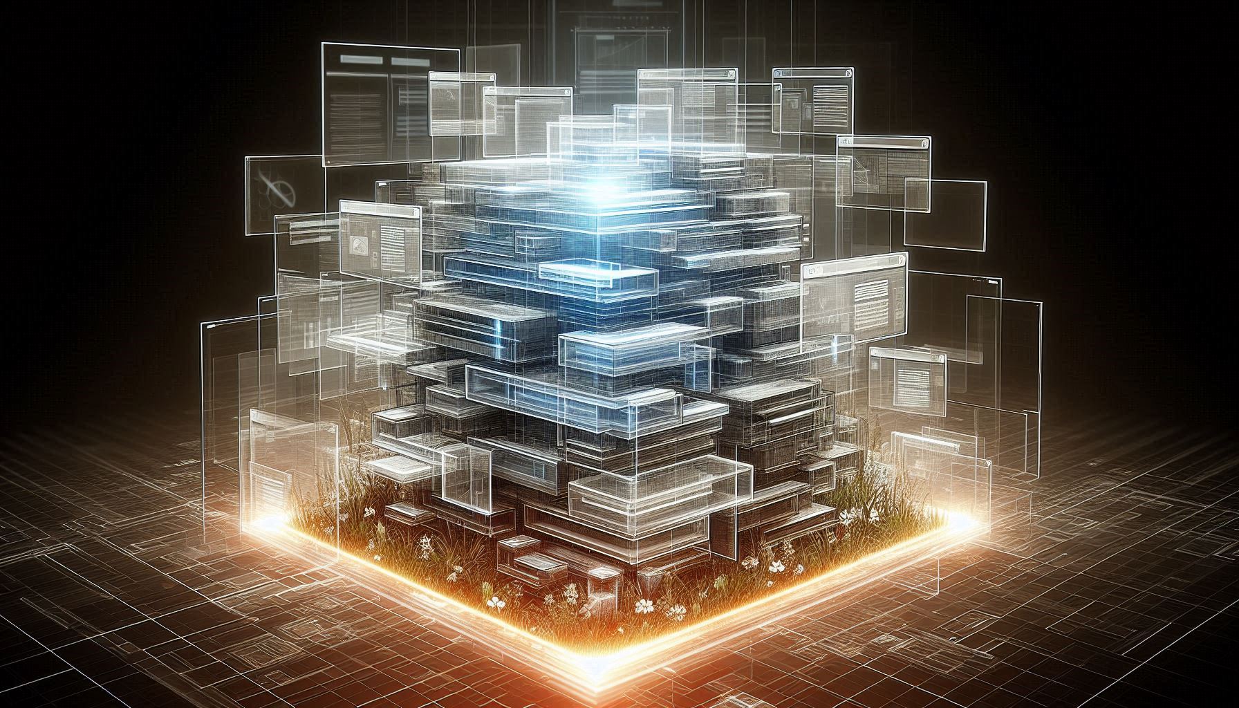 Visualize a modern website being rebuilt over and over again, represented by layers of transparent website screens stacked on top of each other. The layers are slightly misaligned, symbolizing repeated efforts that don’t fully resolve the underlying problem. In the center, integrate glowing lines or modular blocks that resemble a structured framework—symbolizing clarity and order emerging from the chaos. The background should convey a sense of stress or heaviness fading away, using muted colors like grays and blues transitioning into lighter, calmer tones like whites and soft greens. Optional: include subtle icons (like a gear, a pencil, or a hand cursor) to represent decision-making and iteration.